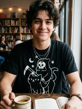 Threadless Black Short-Sleeve Tee with White Skull-Cat Graphic